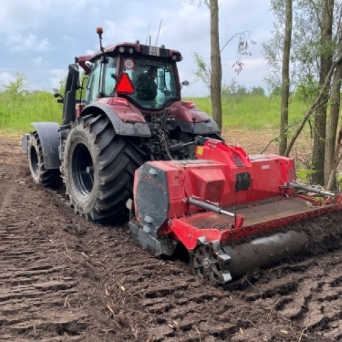Traktor med rodfræser udfører stubfræsning og fræsning af trærødder efter træfældning.